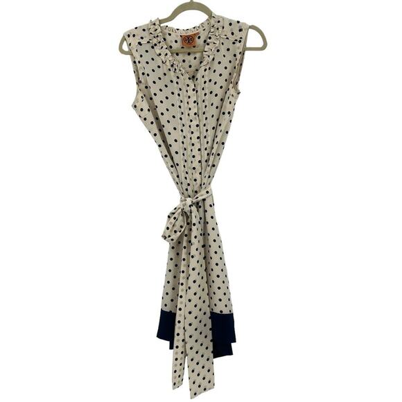 TORY BURCH Graham Tapioca Monde Dress Cream Black Polka Dot Snap Belted Size 8 - Picture 5 of 15